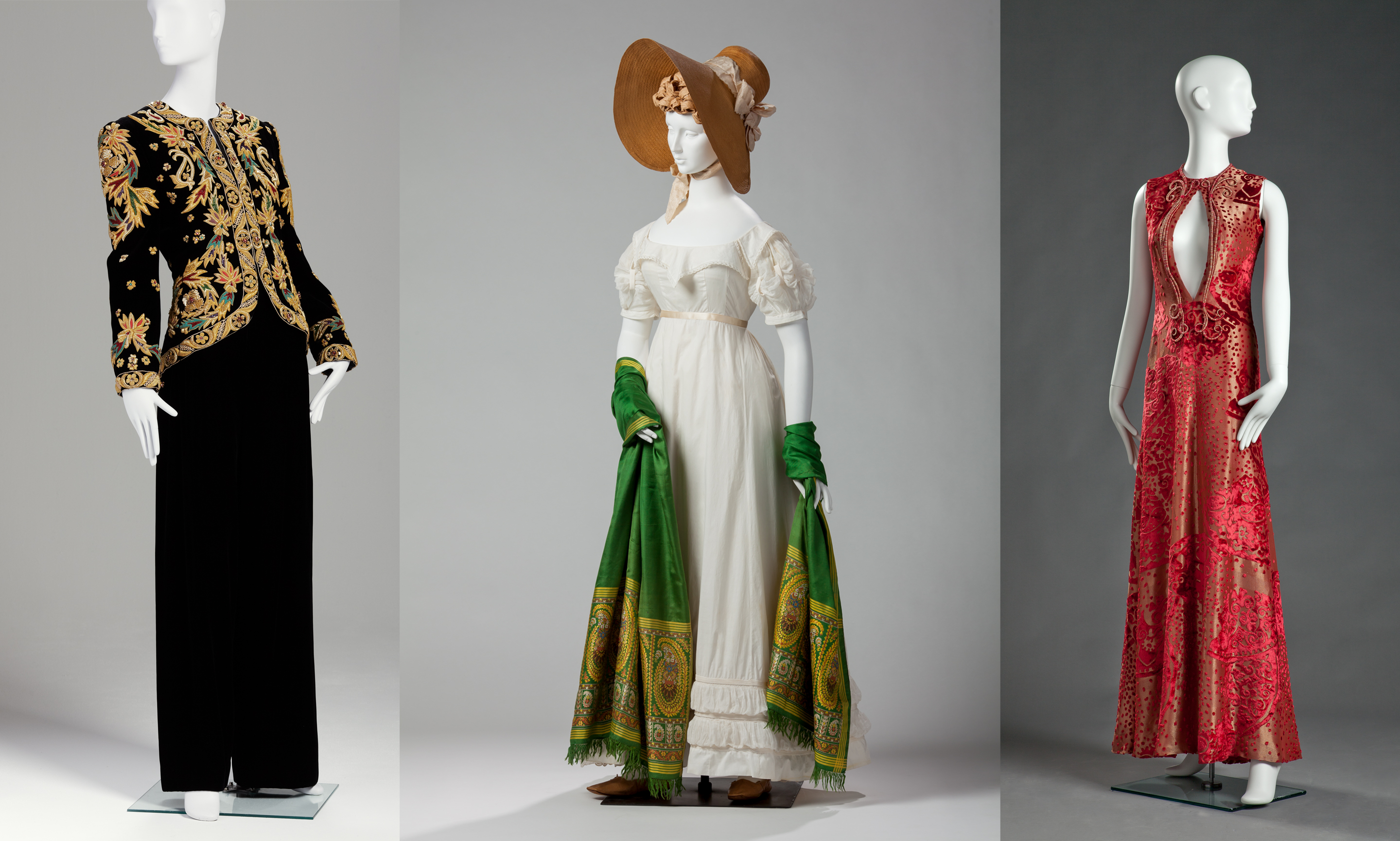 Mary McFadden, Jacket and Skirt, early 1980s. Silk velvet with metal and bead embroidery, Gift of Mrs. Jacquie Dorrance; Dress, 1820s. Cotton eyelet lace. Arizona Costume Institute Purchase; Olivier Lapidus, Dress, fall 1994. Silk velvet and gold lame with wrapped thread appliqué. Gift of Olivier Lapidus in honor of the exhibition Extending the Runway: Tatiana Sorroko Style.