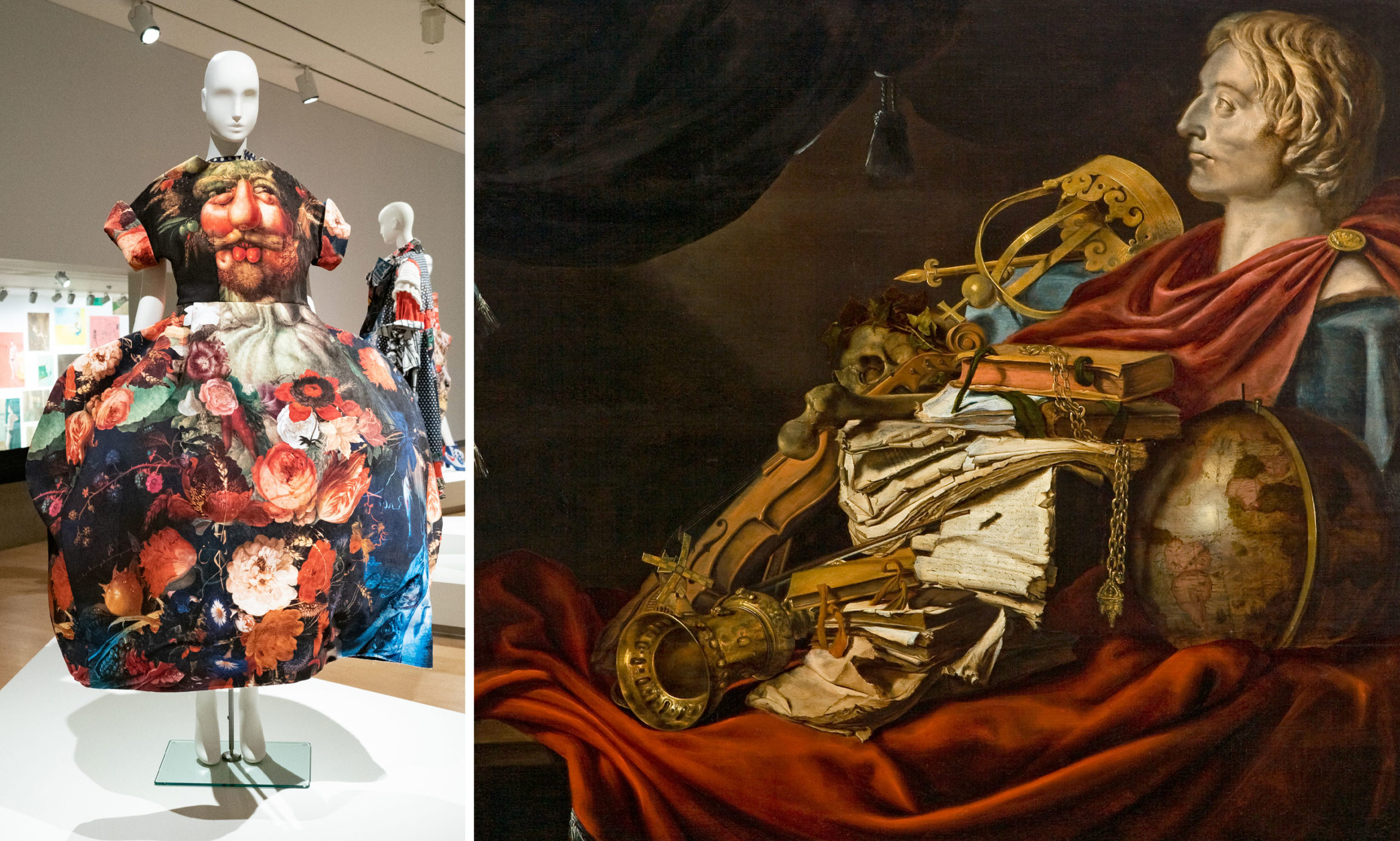 Rei Kawakubo for Comme des Garçon, Dress and shoes, spring/summer 2018 look #13. Inkjet printed polyester velvet, leather. Collection of Phoenix Art Museum. Museum purchase with funds provided by Arizona Costume Institute; Jan van Dalen, Still Life: Vanitas (Naturaleza muerta: Vanitas), c. 1665. Oil on oak panel. Collection of Phoenix Art Museum, Museum purchase with funds provided by Friends of European Art.