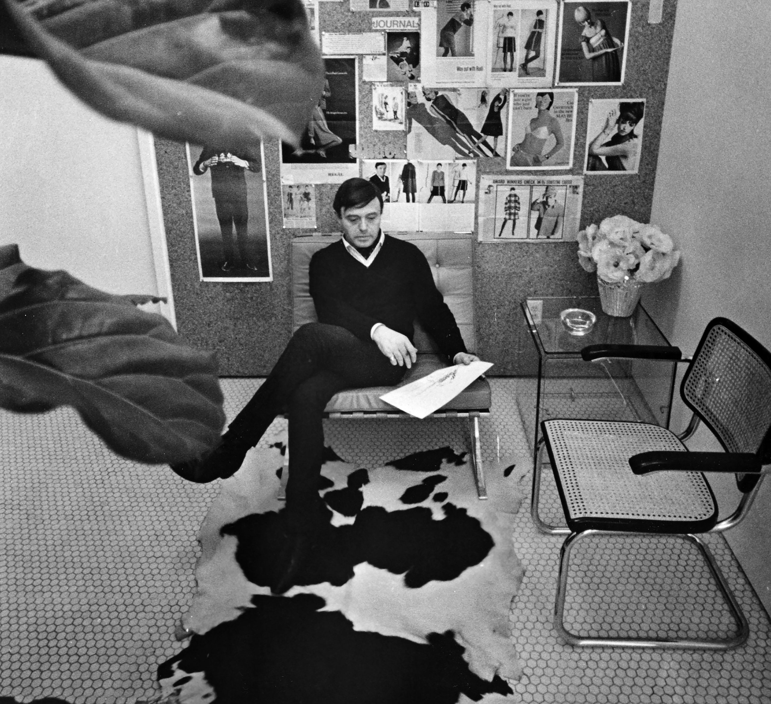 Rudi Gernreich at his office in Los Angeles, 1966. Photograph © William Claxton, LLC, courtesy of Demont Photo Management & Fahey/Klein Gallery Los Angeles, with permission of the Rudi Gernreich trademark.