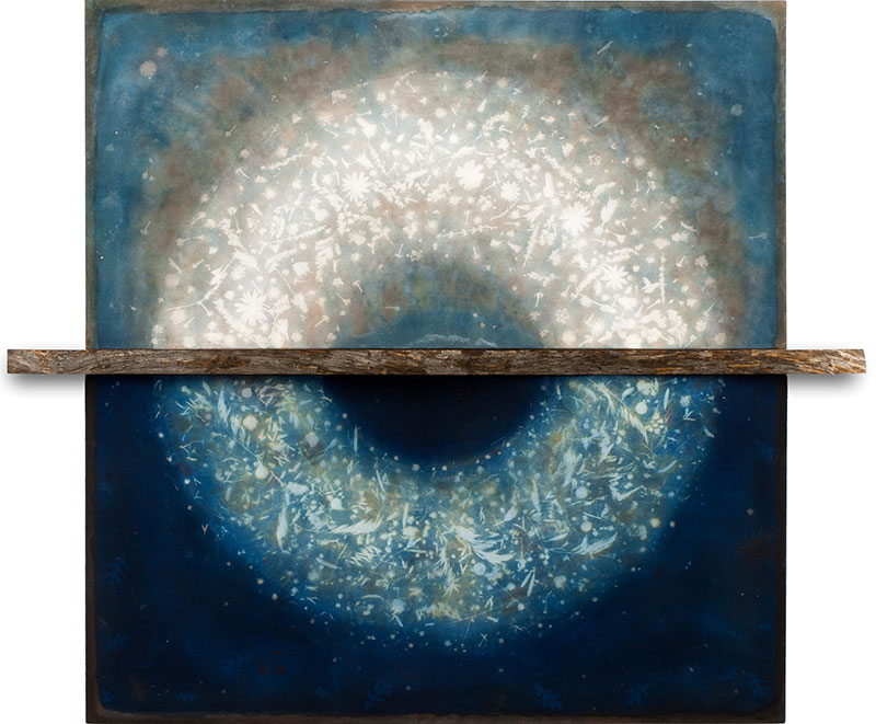 Bryan David Griffith, Monsoon Flowers, September Seeds, 2021. Cyanotype, foraged natural dyes and pigments, acrylic on canvas with wood. 58 x 50 x 4.5 inches. Courtesy of the artist.